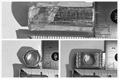 Collage of various 1/2", coarse thread, 13 pitch nuts: coupler, hex & channel. 