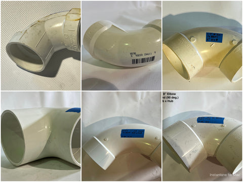 Collage of new 1/4 bend, 90º elbow, white PVC, DWV pipe fittings. 