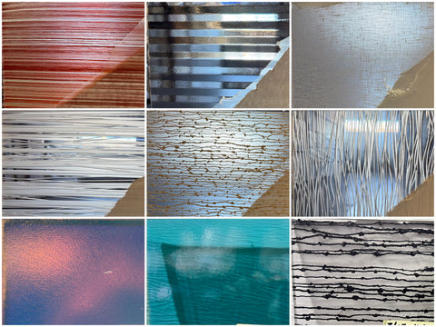 Collage of various 3/8" thick acrylic panels in various colors, styles and textures. 
