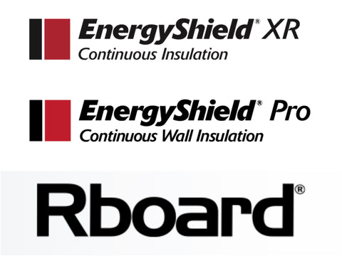 Collage of logos of EnergyShield XR, EnergyShield Pro, and Rboard polyiso insulation board types. 