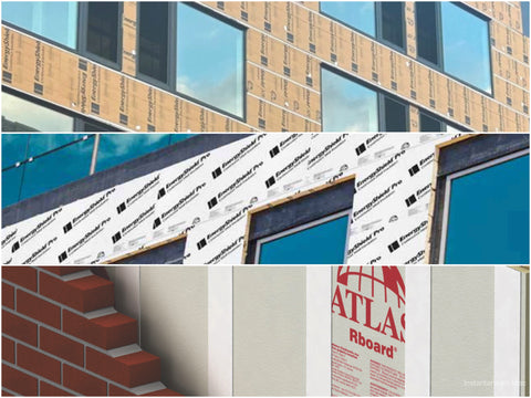 Collage of various types of new Atlas brand polyiso foam board insulation. 