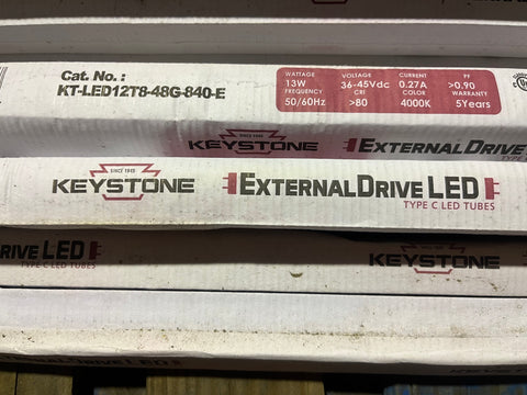 Detail of label on new Keystone KT-LED12T8-48G-840-E External Drive LED type C tubes. 