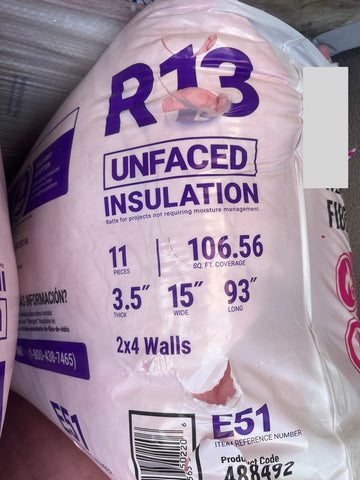 Overview of label of new, R-13, unfaced fiberglass insulation. 11 pieces of 3.5"x15"x93" totaling 106.56 square feet. 