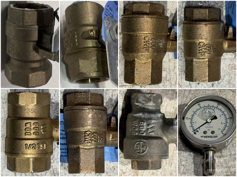 Collage of various bronze & brass plumbing valves and a pressure gauge.