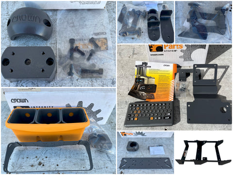Collage of Crown Integrity Parts System "Work Assist" forklift accessories. 
