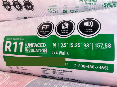 New, factory seconds, unfaced, fiberglass insulation. 3.5"x15.25"x93" per batt; 16 pieces per bag (157.58 sq. ft.). For 2x4 framing. 