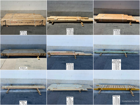 Collage of various new lumber bundles: 2x4s, 2x8s, 2x10s, 2x12 & more. 