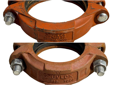 Good, used Gruvlok Fig. 7000 & 7001 flexible pipe couplings for grooved steel pipes. 