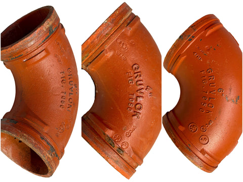 Collage of 3", 4" & 6" 90º Gruvlok grooved end plumbing elbows. 