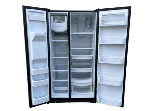 Interior of good used GE 36" side-by-side refrigerator. 