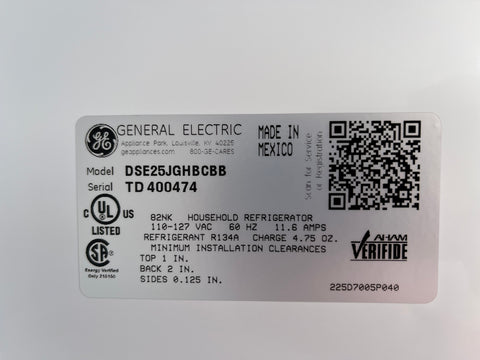 Detail of label inside General Electric DS25JGHBCBB refrigerator. 