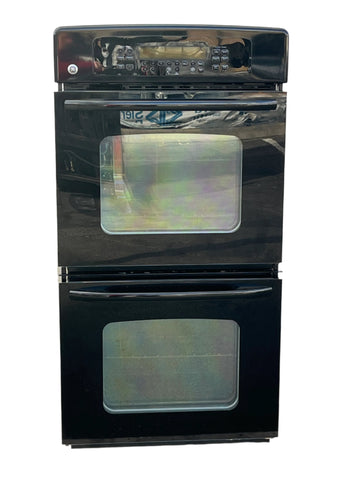 Front of GE 27" in-wall double oven, model # JKP55BM1BB in black. 