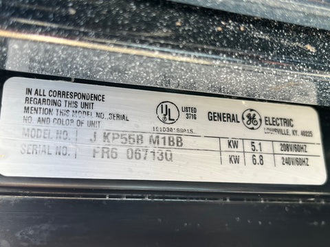 Label on General Electric 27" in-wall double oven, model # JKP55BM1BB. 