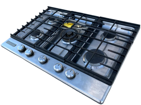 Overview of reclaimed KitchenAid 30" gas stovetop with 5 burners, removable grates & infinite control knobs. 