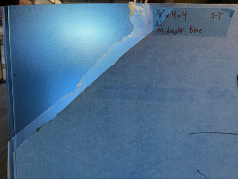 Midnight blue color, 1/8" thick, 4'x4', semi-transparent resin sheet. 
