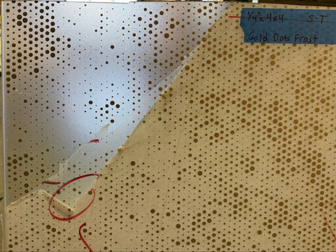 Frosted acrylic panel with gold dot pattern in 1/4" thick x 4' square size. 