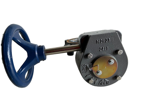 Detail of gear operator on 3" Nibco butterfly valve, #NLQ110F. 