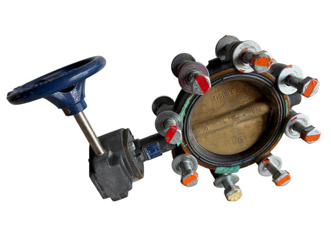 Reclaimed 6" industrial butterfly valve with gear operator by Nibco, #NLQ110K. 