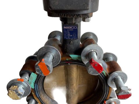Close-up of label on 6" Nibco LC2000 butterfly valve with aluminum bronze disc. 