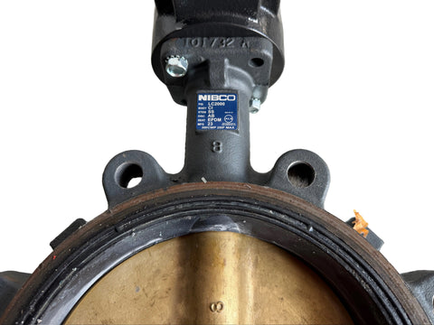 Detail of label on reclaimed  8" butterfly valve by Nibco. 