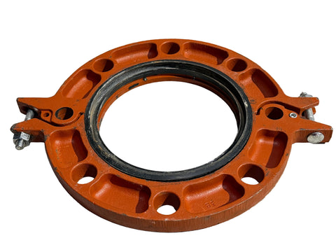 Back of reclaimed Gruvlok Fig. 7012 6 inch coupling flange with EPDM gasket. 