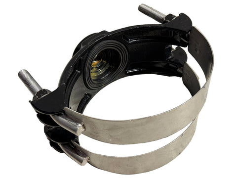 Reclaimed Romac 8” x 0.75" tap service saddle, with nylon-coated body. 