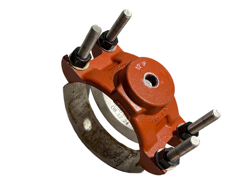 Good used Romac 6" water pipe service saddle with 1/2" tap & dual straps. 