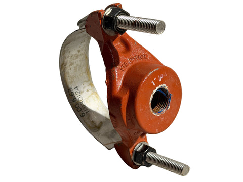 Single strap Romac 6" service saddle with 1" outlet. 