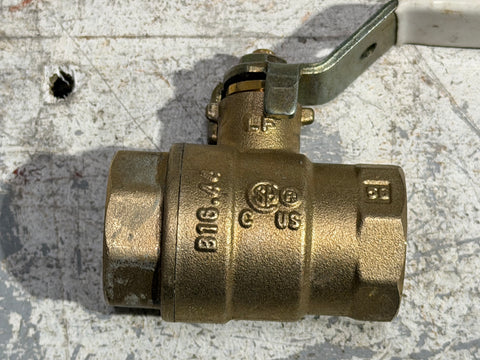 Detail of brass body of Watts 3/4" threaded ball valve. 