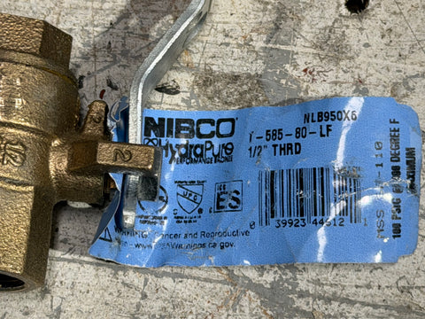 Label on good, used, Nibco T-585-80-LF, 0.5", threaded water valve. 