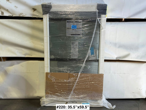 New Pella left hand casement window with vinyl frame, sized 35.5x59.5. 