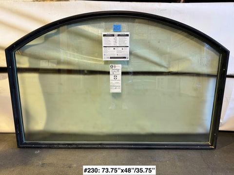 New, fixed, arch-top, vinyl frame, 2 pane window by Pella with frosted privacy glass. 