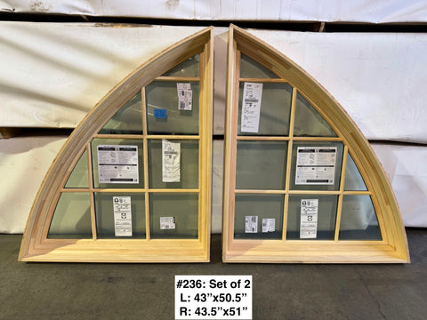 Two-piece set of arched, wood frame, gridded Pella windows. 