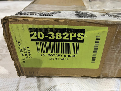 Label detail on box with new 20", light grit, rotary brush for Tomcat & Factory Cat shop scrubbers. 