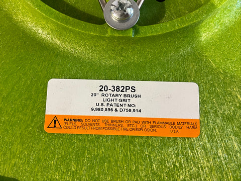 Label detail on 20", light grit, rotary brush for Factory Cat & Tomcat floor scrubbers. 