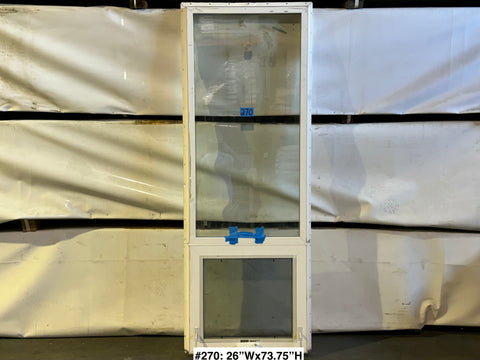 Fixed upper, casement lower, white vinyl-framed window by Amsco in good, used condition. 
