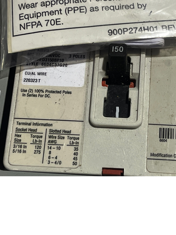 Detail of Eaton PRL1a panelboard showing HFD 65k circuit breaker. 