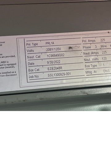 Detail of specifications label on Eaton PRL1A panel board showing box category of EZB2048R. 