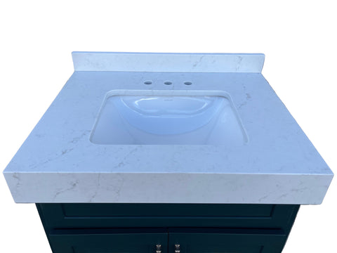 Overview of apron-style white quartz bathroom vanity countertop. 