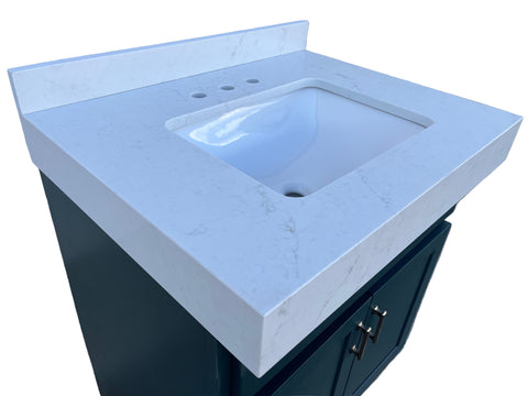 New quartz lavatory vanity with backsplash for rectangular, under-mount sink. 
