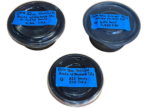 Top view of 3 types of new D+W Fine Pack plastic to-go bowls and lids. 