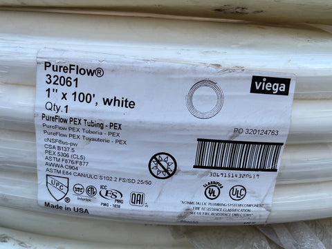 Label on 100' coil of new Viega PureFlow 1" PEX tubing. 