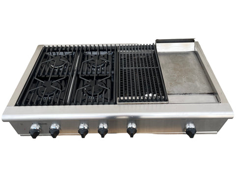 Top view of 1997 Thermador 48" stainless steel stovetop with knob controls. 