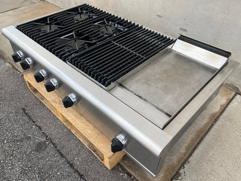 Thermador stainless steel gas cooktop with griddle and grill. 