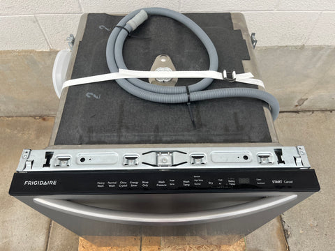 Top view of Frigidaire FDSH4501AS5A dishwasher with top-of-door touch controls. 
