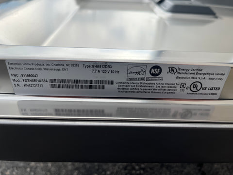 Label on Frigidaire FDSH4501AS5A dishwasher. 