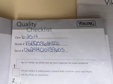 Viking 36" grill date, model and serial number details. 