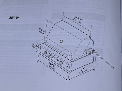 Technical drawing of Viking 36" grill with dimensions. 