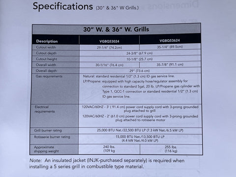 Technical specifications table for 36" W Viking VGBQ53624 grill. 