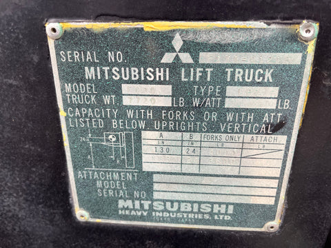 Mitsubishi FG20 lift truck label with model and capacity details. 